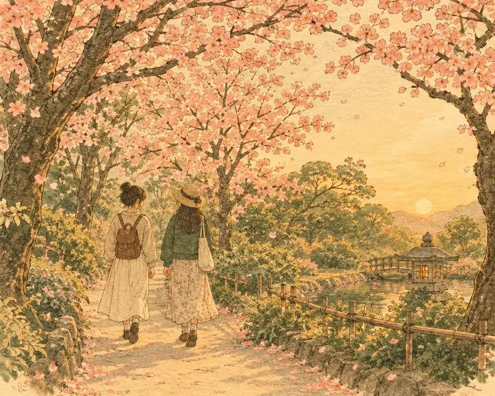 红果爽剧极速更新站 品牌插画，两位朋友在黄昏的晚樱小径上散步